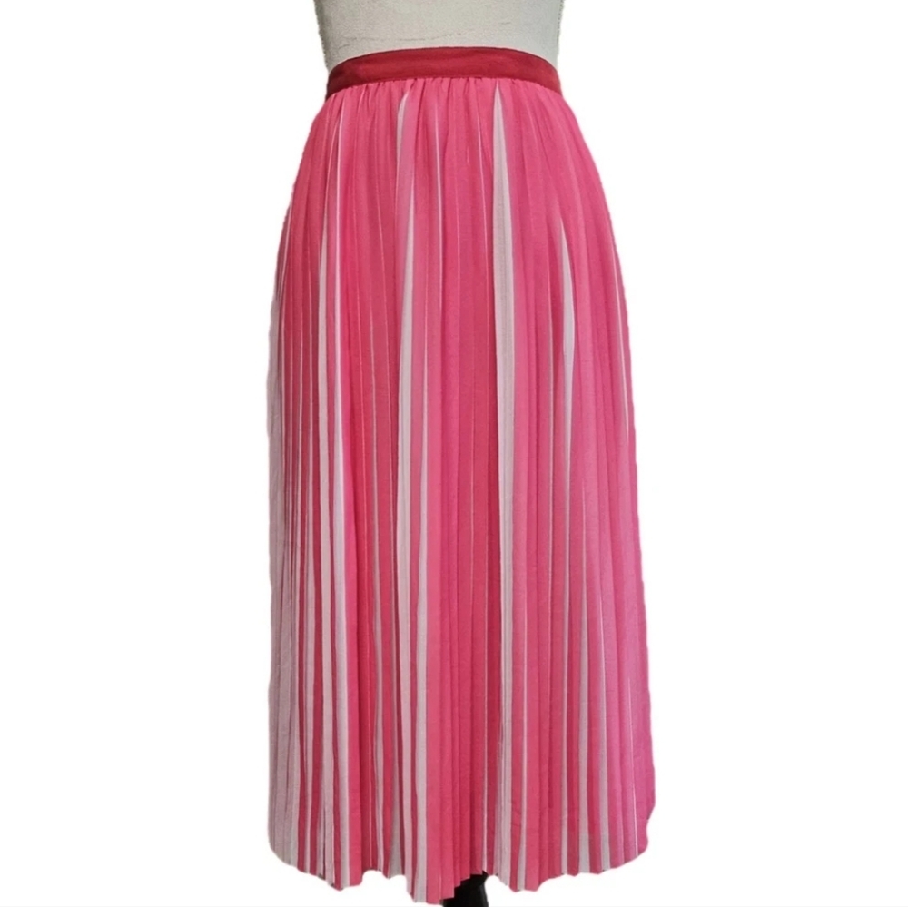J Crew Pleated Pink and White Midi Skirt NWOT